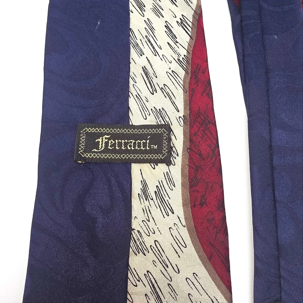 Retro Ferracci Mens Silk‎ Necktie Burgundy Navy Blue Abstract Geometric Pattern